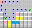 Pink squares are mines and yellow squares will be numbers. The blue squares might be openings.
