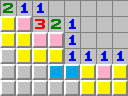 Pink squares are mines and yellow squares will be numbers. The blue squares might be openings.